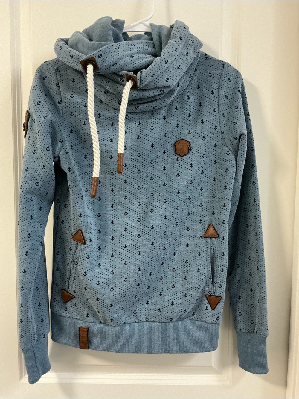 Naketano Women’s Brave New Word Anchor Print Cowl Neck Hoodie S Blue